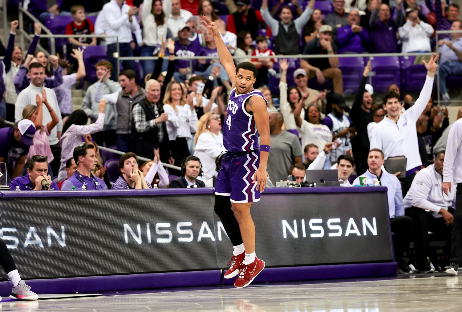 Jan 30, 2024; Fort Worth, Texas, USA; TCU Horned Frogs guard Jameer Nelson Jr. (4) reacts after scoring against the Texas Tech Red Raiders during the second half at Ed and Rae Schollmaier Arena. 